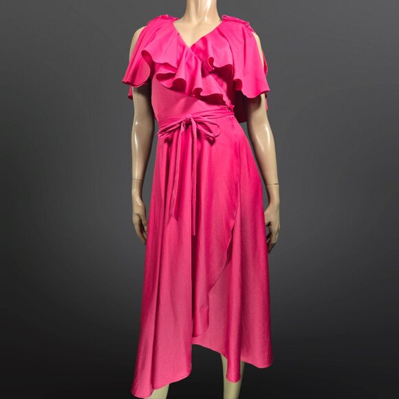 Vintage 70s Disco Wrap Dress Size S Fuchsia Pink Ruffled Midi Sleeveless - Picture 1 of 10